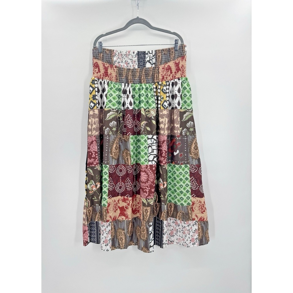Madras Patchwork Maxi Skirt Floral Pull On Shirred Waist Elastic XL Boho Cottage